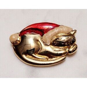 Christmas Sleepy Cat Brooch Goldtone Red/ White Santa Hat Vintage TC Flaw